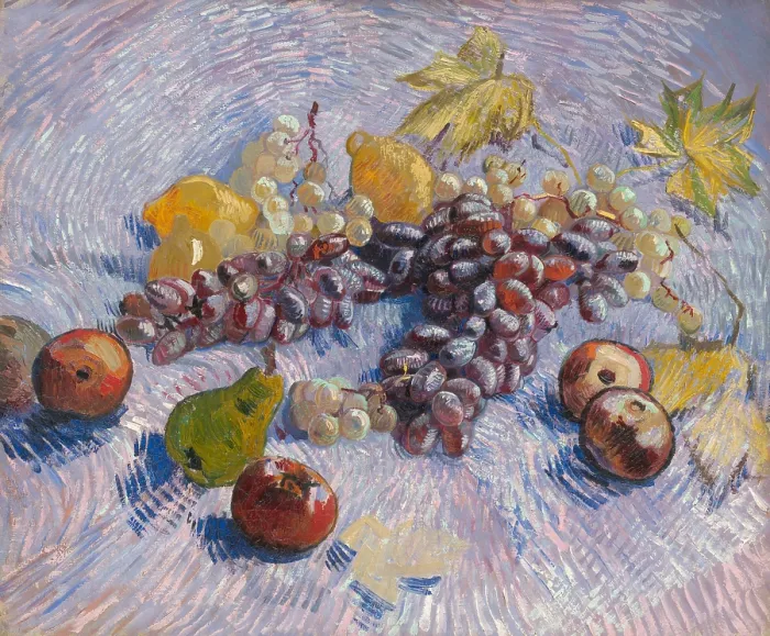 Framed Print : Grapes, Lemons, Pears, and Apples, 1887, by Vincent van Gogh, 1853-1890, Dutch Post Impressionist painting, oil on canvas