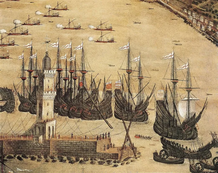 Framed Print : GRASSI, Cristoforo (16th c.). Port of Genoa. 1597. Central detail of the ships. Inspired on an anonymous painting of 1482. Oil on canvas. ITALY. Genoa. Pegli. Navy Museum Framed Print : GRASSI, Cristoforo (16th c.). Port of Genoa. 1597. Central detail of the ships. Inspired on an anonymous painting of 1482. Oil on canvas. ITALY. Genoa. Pegli. Navy Museum