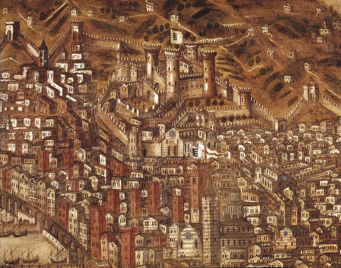 Framed Print : GRASSI, Cristoforo (16th c.). Port of Genoa. 1597. Upper right detail with 'Il Castelleto'. Inspired in an anonymous oil of 1482. Oil on canvas. ITALY. Genoa. Pegli