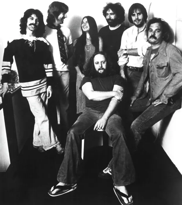 Framed Print : Grateful Dead, (left to right) Mickey Hart, Phil Lesh, Donna Godchaux, Keith Godchaux (seated), Jerry Garcia, Bob Weir, Bill Kreutzman, ca. 1970s