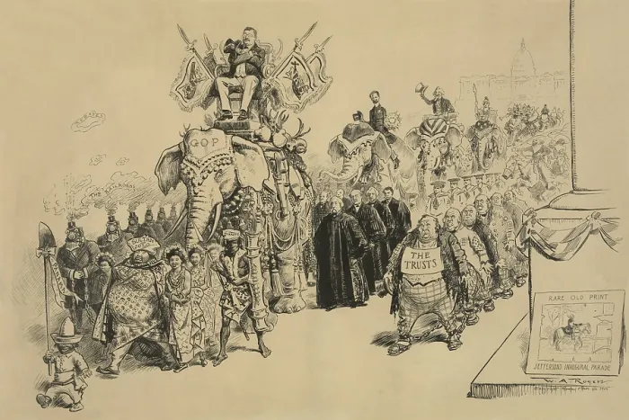 Framed Print : THE GREAT AMERICAN DURBAR, by William A. Rogers, c. 1905. Cartoon showing President Theodore Roosevelt riding in Triumph Framed Print : THE GREAT AMERICAN DURBAR, by William A. Rogers, c. 1905. Cartoon showing President Theodore Roosevelt riding in Triumph