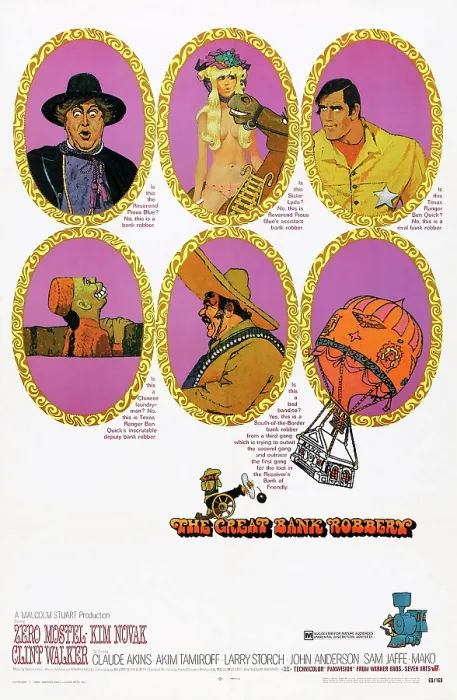 Framed Print : THE GREAT BANK ROBBERY, US poster, top from left: Zero Mostel, Kim Novak, Clint Walker, 1969