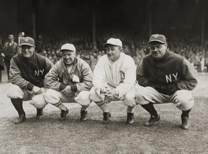Framed Print : Four great baseball champions before the season opener at Philadelphias Shibe Park, April 11 or 13, 1928. L-R: Lou Gehrig, Tris Speaker, Ty Cobb, and Babe Ruth (BSLOC_2018_3_190)