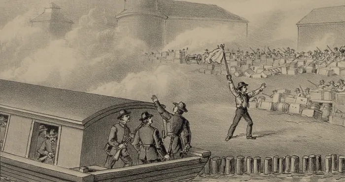 Framed Print : Great Battle of Homestead, Pinkerton Guards surrendering to the Strikers after a 12 hour battle, that resulted in several deaths on both sides