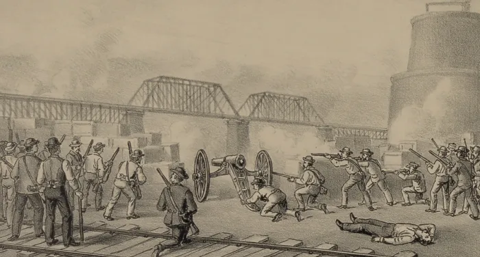 Framed Print : Great Battle of Homestead. Strikers shooting fireworks left over from July 4th celebrations at the Pinkerton barges. July 6, 1892 Framed Print : Great Battle of Homestead. Strikers shooting fireworks left over from July 4th celebrations at the Pinkerton barges. July 6, 1892