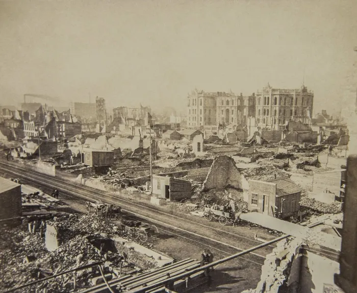 Framed Print : Great Chicago Fire, Oct. 9, 1871. In the right distance are the ruins of the Bigelow House, a new luxury hotel that was scheduled to open the day of the fire