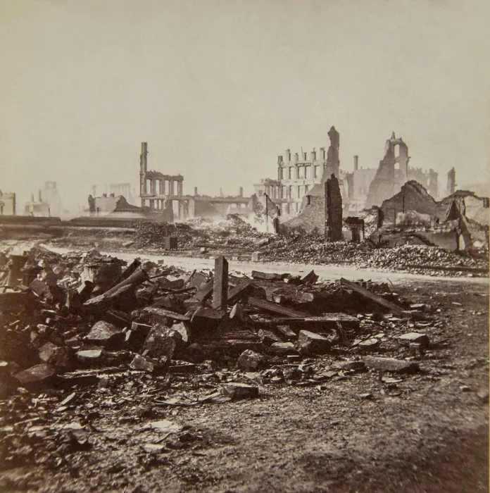 Framed Print : Great Chicago Fire, Oct. 9, 1871. Ruins left after the fire northwest from Clark and Monroe Streets (BSLOC_2019_8_174) Framed Print : Great Chicago Fire, Oct. 9, 1871. Ruins left after the fire northwest from Clark and Monroe Streets (BSLOC_2019_8_174)