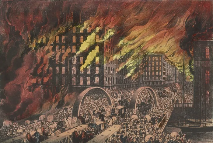 Framed Print : Great Chicago Fire, Oct. 9, 1871. People flee the burning city over the Randolph Street Bridge. This view is from the west bank of the Chicago River (BSLOC_2019_8_171) Framed Print : Great Chicago Fire, Oct. 9, 1871. People flee the burning city over the Randolph Street Bridge. This view is from the west bank of the Chicago River (BSLOC_2019_8_171)