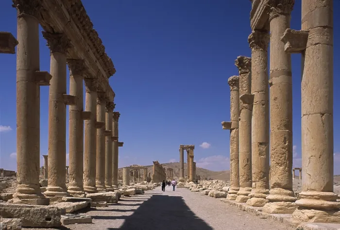 Framed Print : Great columnade, 2nd Century a.C. about 1100 m, pavement 11 m - Syria, Palmyra. Detail. Overall view of the columned way from the monumental Arch Framed Print : Great columnade, 2nd Century a.C. about 1100 m, pavement 11 m - Syria, Palmyra. Detail. Overall view of the columned way from the monumental Arch