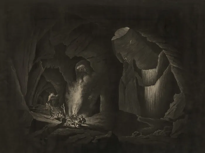 Framed Print : The Great Mine of Copper of Fahlun in Dalecarlia, Stockholm, was worked for over a thousand years. 1802 mezzotint published by Colnayhi & Co. from drawing by P. Vanderberghe