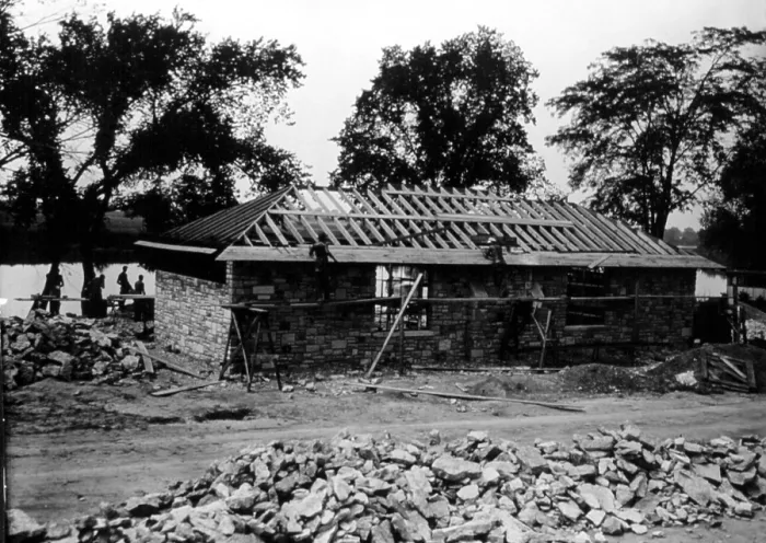 Framed Print : Great Depression, CCC (Civilian Conservation Core). Workers construct a sandstone and limestone house on the Maumee River, 1934.. Courtesy: CSU Archives / Everett Collection Framed Print : Great Depression, CCC (Civilian Conservation Core). Workers construct a sandstone and limestone house on the Maumee River, 1934.. Courtesy: CSU Archives / Everett Collection