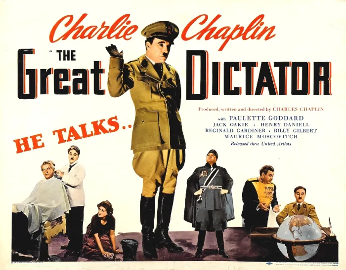Framed Print : THE GREAT DICTATOR, top: Charlie Chaplin, bottom from left: Maurice Moscovitch, Charlie Chaplin, Paulette Goddard, Jack Oakie, Billy Gilbert, Charlie Chaplin, 1940