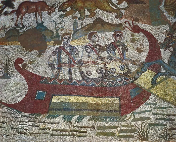 Framed Print : Great Hunting Mosaic. 4th c. ITALY. Piazza Armerina. Villa Romana del Casale. Detail with boat. Roman art. Late Empire. Mosaic. AISA / Everett Collection**US SALES ONLY** Framed Print : Great Hunting Mosaic. 4th c. ITALY. Piazza Armerina. Villa Romana del Casale. Detail with boat. Roman art. Late Empire. Mosaic. AISA / Everett Collection**US SALES ONLY**