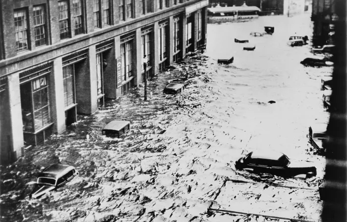Framed Print : Great Hurricane of 1938. Automobile roofs on flooded Sabin Street, Providence, Rhode Island. September 1938