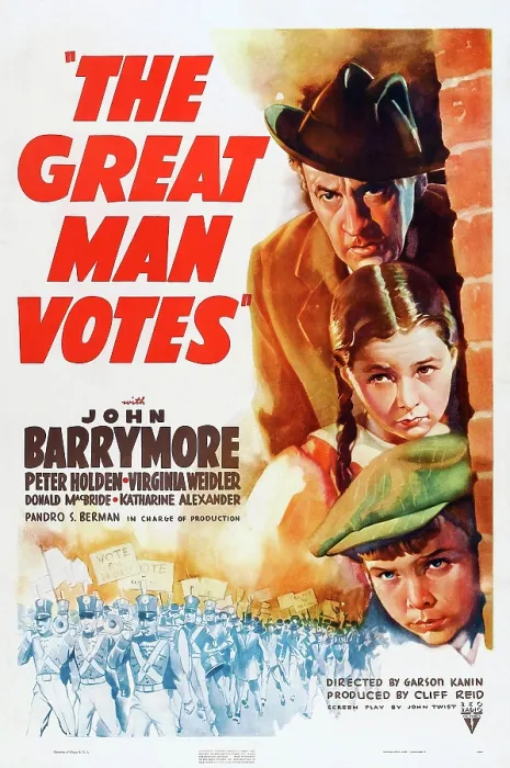 Framed Print : THE GREAT MAN VOTES, US poster art, (top to bottom), John Barrymore, Virginia Weidler, Peter Holden, 1939