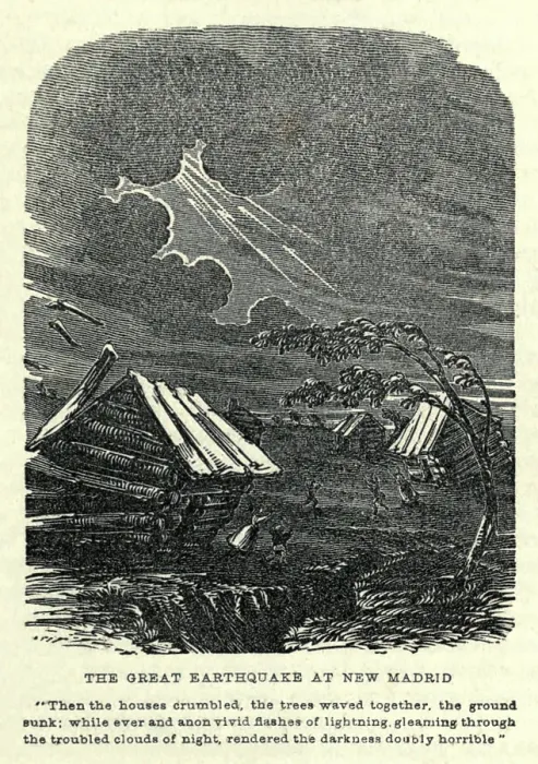Framed Print : The Great New Madrid Earthquake, depicted a 19th-century wood engraving of 1877. There were three separate earthquakes, all estimated at over 7.0 in the Richter scale