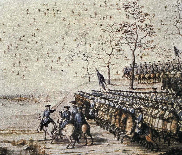 Framed Print : Great Northern War (1700-1721). Swedish cavalry squadron in the Battle of Gadebusch of December 20, 1712 against the troops of Denmark, Norway and Saxony