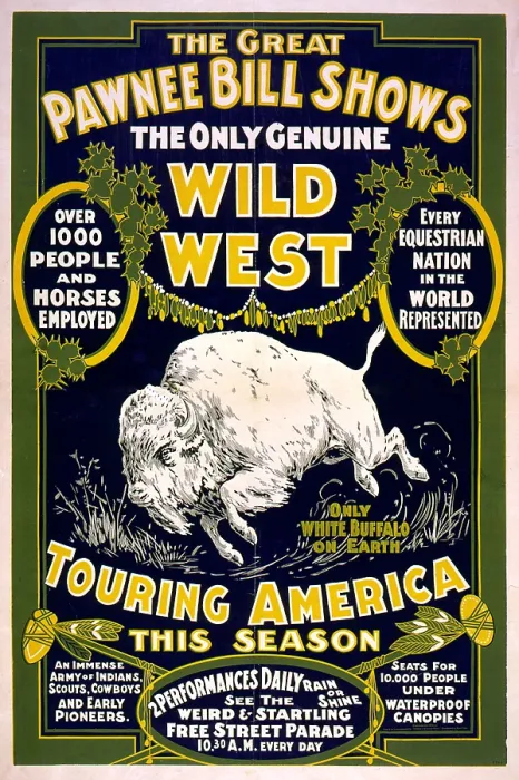 Framed Print : The Great Pawnee Bill shows. The only genuine wild west. Touring America. Circus poster with white buffalo in middle. c1903 Framed Print : The Great Pawnee Bill shows. The only genuine wild west. Touring America. Circus poster with white buffalo in middle. c1903
