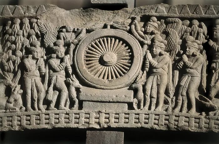 Framed Print : Great Stupa. 3rd BC. INDIA. Sanchi. Great Stupa. Scene with the first speech of Buddha in Mrigadava, standing out the Dharma wheel in the middle Framed Print : Great Stupa. 3rd BC. INDIA. Sanchi. Great Stupa. Scene with the first speech of Buddha in Mrigadava, standing out the Dharma wheel in the middle