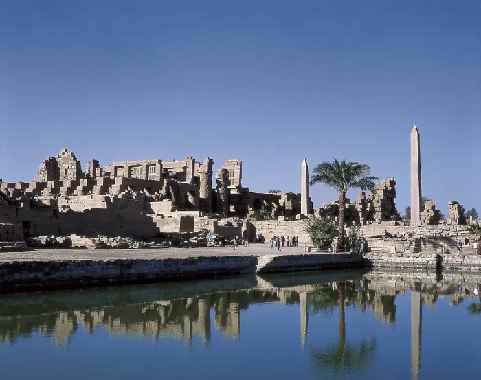 Framed Print : Great Temple of Amon-Re. 16th-4th c. BC. EGYPT. QUENA. Karnak. Thebes. Temple of Amon - Ra. Karnak Temple Complex and Sacred Lake (foreground). Egyptian art. New Kingdom