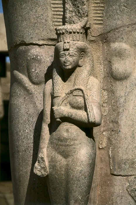 Framed Print : Great Temple of Amon-Re. 16th-4th c. BC. EGYPT. Karnak. Thebes. Temple of Amon - Ra. The Goddess Hathor. Sculpture situated at the feet of a colossal sculpture of Ramses II