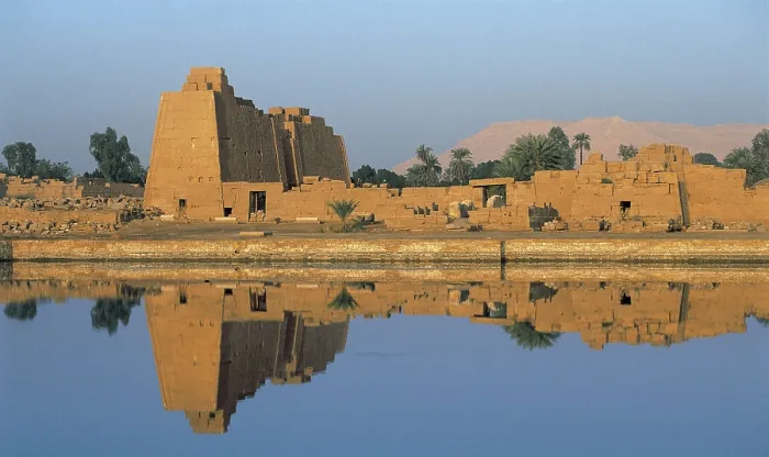 Framed Print : Great Temple of Amon-Re. 16th-4th c. BC. EGYPT. QUENA. Karnak. Thebes. Temple of Amon - Ra. Karnak Temple Complex from the another side of Nile river. Egyptian art. New Kingdom
