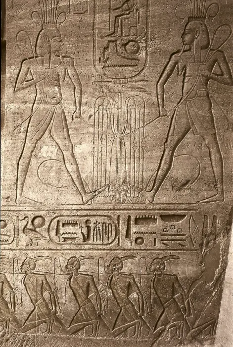 Framed Print : Great Temple of Rameses II. EGYPT. Abu Simbel. Great Temple of Rameses II. Entrance reliefs depicting the military victories of Pharaoh Ramesses II. Egyptian art. New Kingdom