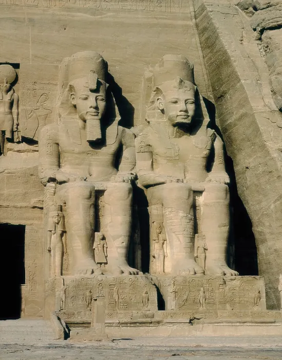 Framed Print : Great Temple of Rameses II. EGYPT. ASWAN. Abu Simbel. Great Temple of Rameses II. Two of the four colossus at the entrance of the temple. Egyptian art. New Kingdom