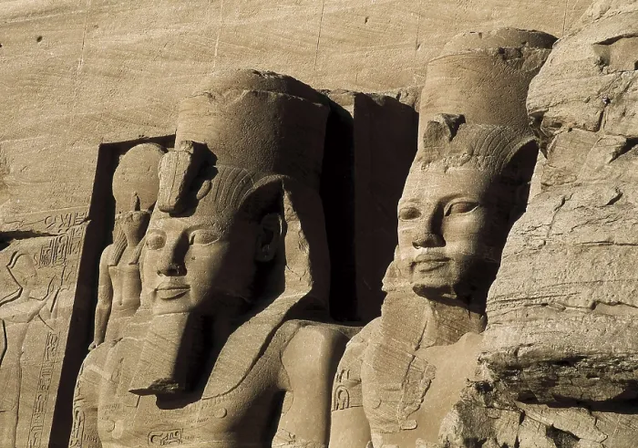 Framed Print : Great Temple of Rameses II. EGYPT. ASWAN. Abu Simbel. Great Temple of Rameses II. Upper section of two of the four colossus that flank the entrance to the Great Temple
