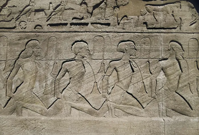 Framed Print : Great Temple of Rameses II. EGYPT. Abu Simbel. Great Temple of Rameses II. Entrance reliefs depicting the military victories of Pharaoh Ramesses II. Prisoners. Egyptian art