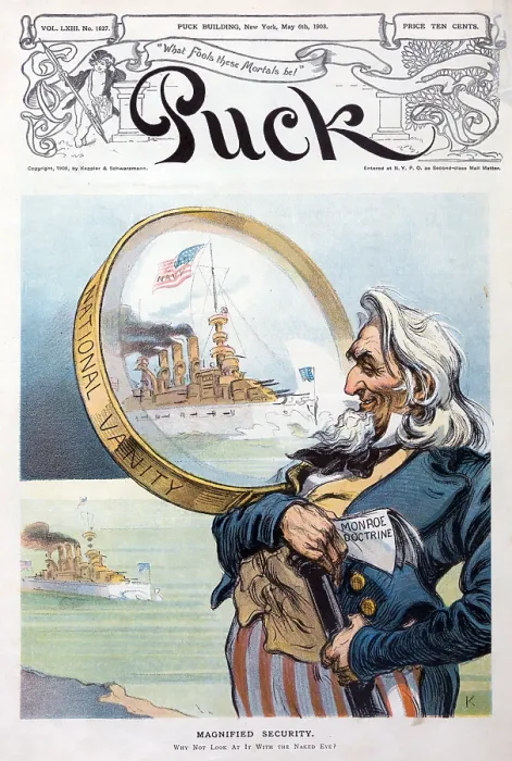 Framed Print : The Great White Fleet. Illustration shows a gigantic Uncle Sam examining a battleship of the US Navy's 'Great White Fleet'. 1908