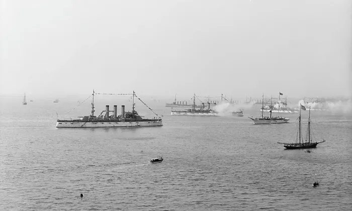 Framed Print : The Great White Fleet. U.S. battleships saluting the Mayflower, Hampton Roads, Va. 1907