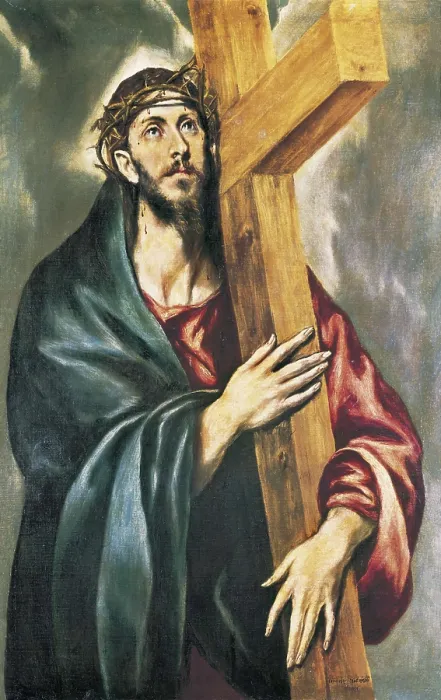 Framed Print : Greco, Domnikos Theotokpoulos, called El (1541-1614). Christ with the Cross. 1590-1595. Mannerism art. Oil on canvas. SPAIN. Barcelona. National Art Museum of Catalonia