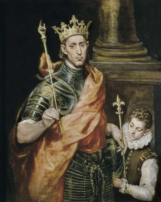 Framed Print : Greco, Domnikos Theotokpoulos, called El (1541-1614). Saint Louis and his Page. ca. 1585 - ca. 1590. Portrait of the Monarch with armour and crown. Mannerism art. Oil on canvas