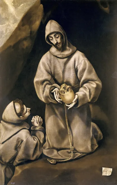 Framed Print : Greco, Domnikos Theotokpoulos, called El (1541-1614). Saint Francis and Brother Leo Meditating on Death. 1582. Mannerism art. Oil on canvas. SPAIN. Madrid. Prado Museum