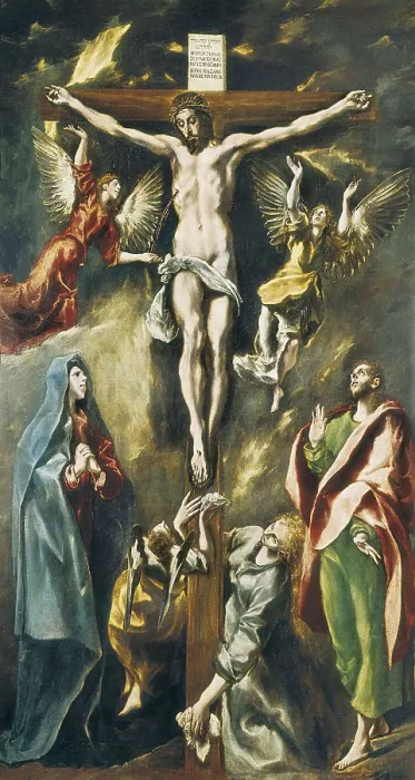 Framed Print : Greco, Domnikos Theotokpoulos, called El (1541-1614). The Crucifixion (Christ Crucified with the Virgin, Mary Magdalene, Saint John the Evangelist and Angels). 1595-1600