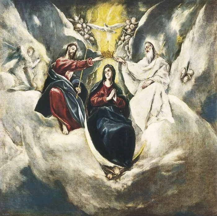Framed Print : Greco, Domnikos Theotokpoulos, called El (1541-1614). The Coronation of the Virgin. 1590 - 1595. Mannerism art. Oil on canvas. SPAIN. Madrid. Prado Museum