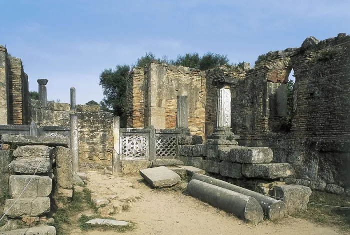 Framed Print : GREECE. WESTERN GREECE. ELIS. Olympia. Palestra or gymnasium (3rd c. BC). Remains of columns. Hellenistic art. AISA / Everett Collection**US SALES ONLY**