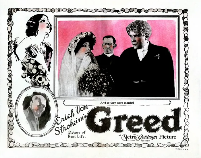 Framed Print : GREED, bottom left: Erich Von Stroheim, inset, from left: Zasu Pitts, William Barlow, Gibson Gowland on lobbycard, 1924 Framed Print : GREED, bottom left: Erich Von Stroheim, inset, from left: Zasu Pitts, William Barlow, Gibson Gowland on lobbycard, 1924