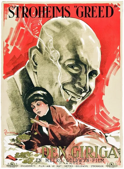Framed Print : GREED, top: Erich Von Stroheim, bottom: Zasu Pitts on Swedish poster art, 1924