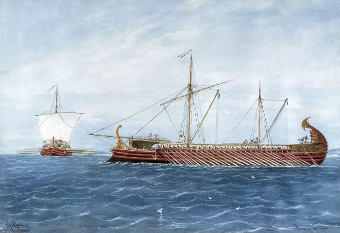 Framed Print : Greek triremes. Engraving. Warship appeared in 6th c. BC: It was used by Phoenicians, Greeks, Egyptians, Romans and Carthaginians. AISA / Everett Collection**US SALES ONLY**