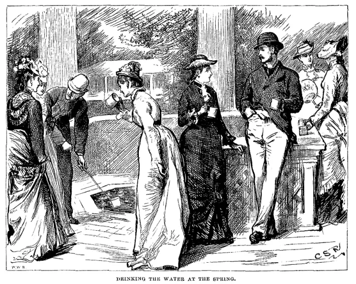 Framed Print : The Greenbrier, White Sulphur Springs West Virginia. Victorian guests sample the waters. Engraving ca. 1878