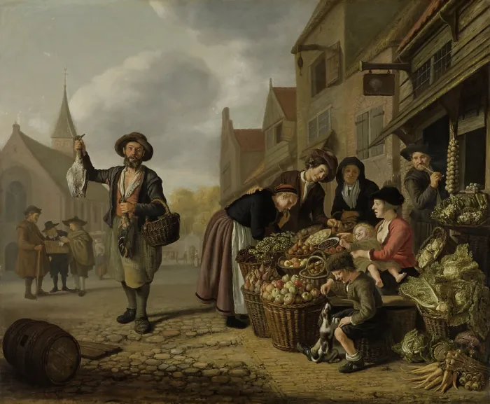 Framed Print : The Greengrocer's Shop De Buyskool, by Jan Victors, 1654, Dutch painting, oil on canvas. Vegetable vendor in a city square with women customers sampling her goods Framed Print : The Greengrocer's Shop De Buyskool, by Jan Victors, 1654, Dutch painting, oil on canvas. Vegetable vendor in a city square with women customers sampling her goods