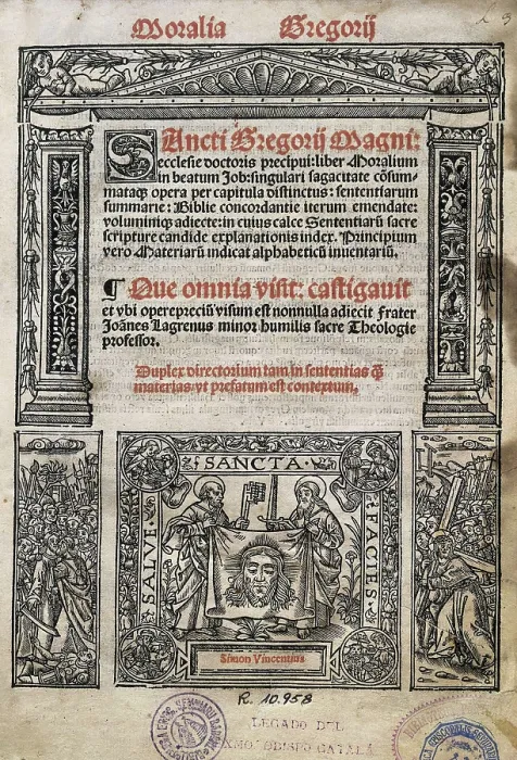 Framed Print : Gregory I The Great, Saint (540-604). 'Liber moralium et beatum Job', published in Leiden by Jacobus Marischal (1522). SPAIN. Barcelona Framed Print : Gregory I The Great, Saint (540-604). 'Liber moralium et beatum Job', published in Leiden by Jacobus Marischal (1522). SPAIN. Barcelona
