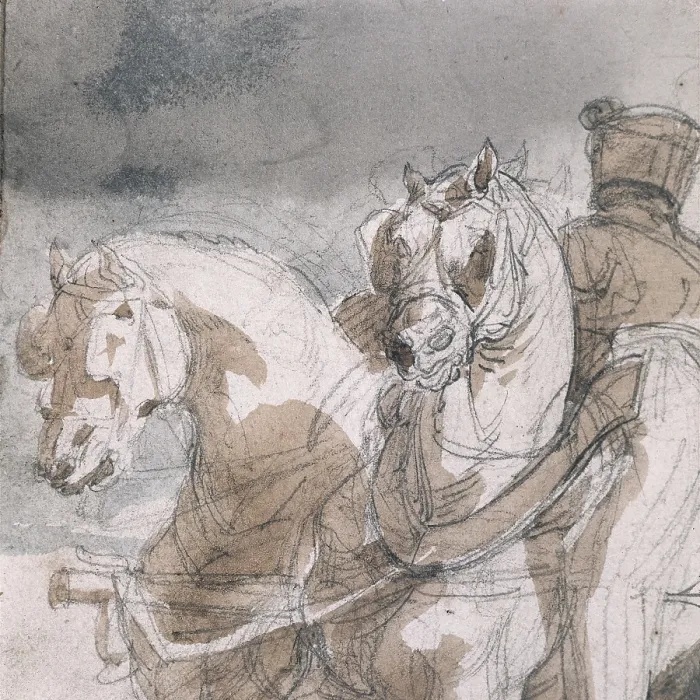 Framed Print : GRICAULT, Thodore (1791-1824). Munition Cart Drawn by Two Horses. 1818 - 1819. Graphite, paintbrush and watered ink on paper. Detail of horses. Romanticism