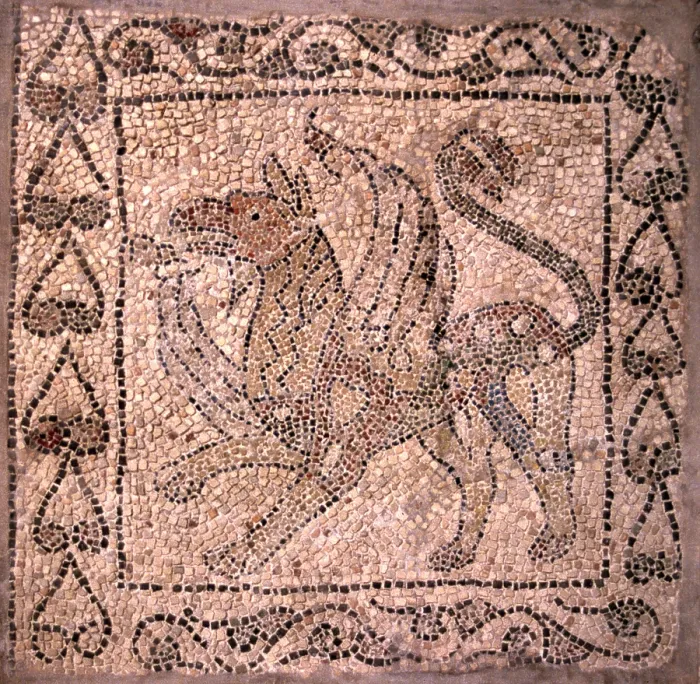 Framed Print : Griffin, by Unknown Artist, 13th Century, mosaic floor - Italy, Emilia Romagna, Church of Saint John the Baptist. Whole artwork view. Fragment of mosaic floor Framed Print : Griffin, by Unknown Artist, 13th Century, mosaic floor - Italy, Emilia Romagna, Church of Saint John the Baptist. Whole artwork view. Fragment of mosaic floor