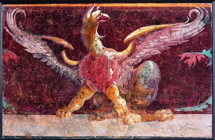 Framed Print : Griffin, by unknown artist, second half 1st century B.C. ripped fresco, 54 x 85 cm - Italy, Campania, Naples, National Archaeological Museum, Room LXIX, inv. 8691 Framed Print : Griffin, by unknown artist, second half 1st century B.C. ripped fresco, 54 x 85 cm - Italy, Campania, Naples, National Archaeological Museum, Room LXIX, inv. 8691