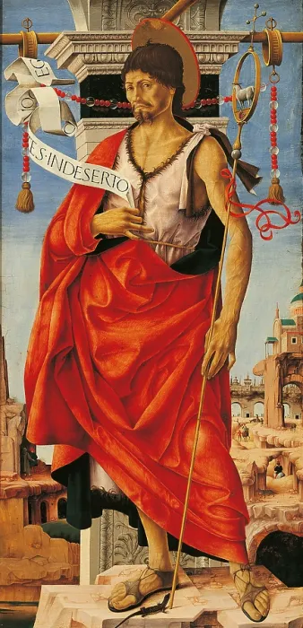 Framed Print : Griffoni Polyptych St John the Baptist, by Francesco Del Cossa, 1470 - 1473 about, 15th Century, tempera and oil on panel, cm 112 x 55 - Italy, Lombardy, Milan, Brera Art Gallery