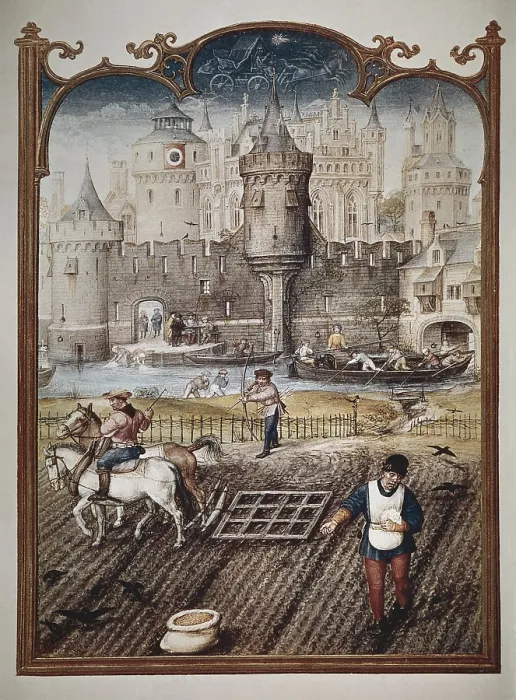 Framed Print : Grimani Breviary. 16th c. Month of October. Representation of the sowing. Renaissance art. Miniature Painting. ITALY. Venice. Biblioteca nazionale marciana (St)