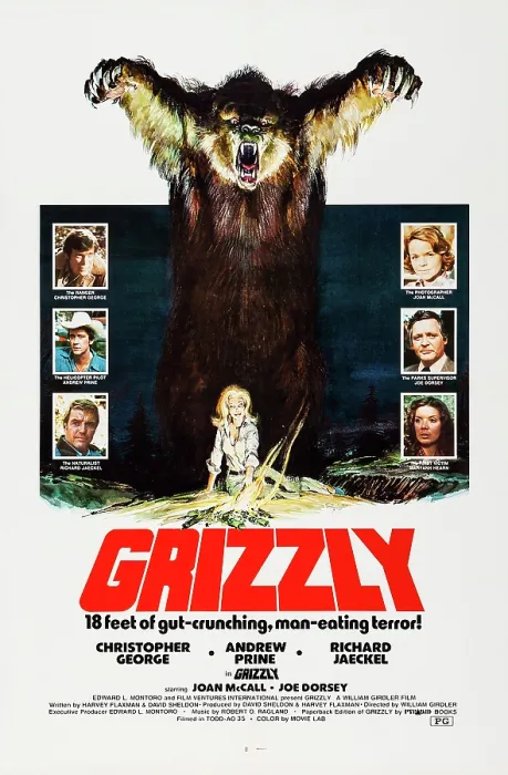 Framed Print : GRIZZLY, US poster, left from top: Christopher George, Andrew Prine, Richard Jaeckel, right from top: Joan McCall, Joe Dorsey, Maryann Hearn, 1976